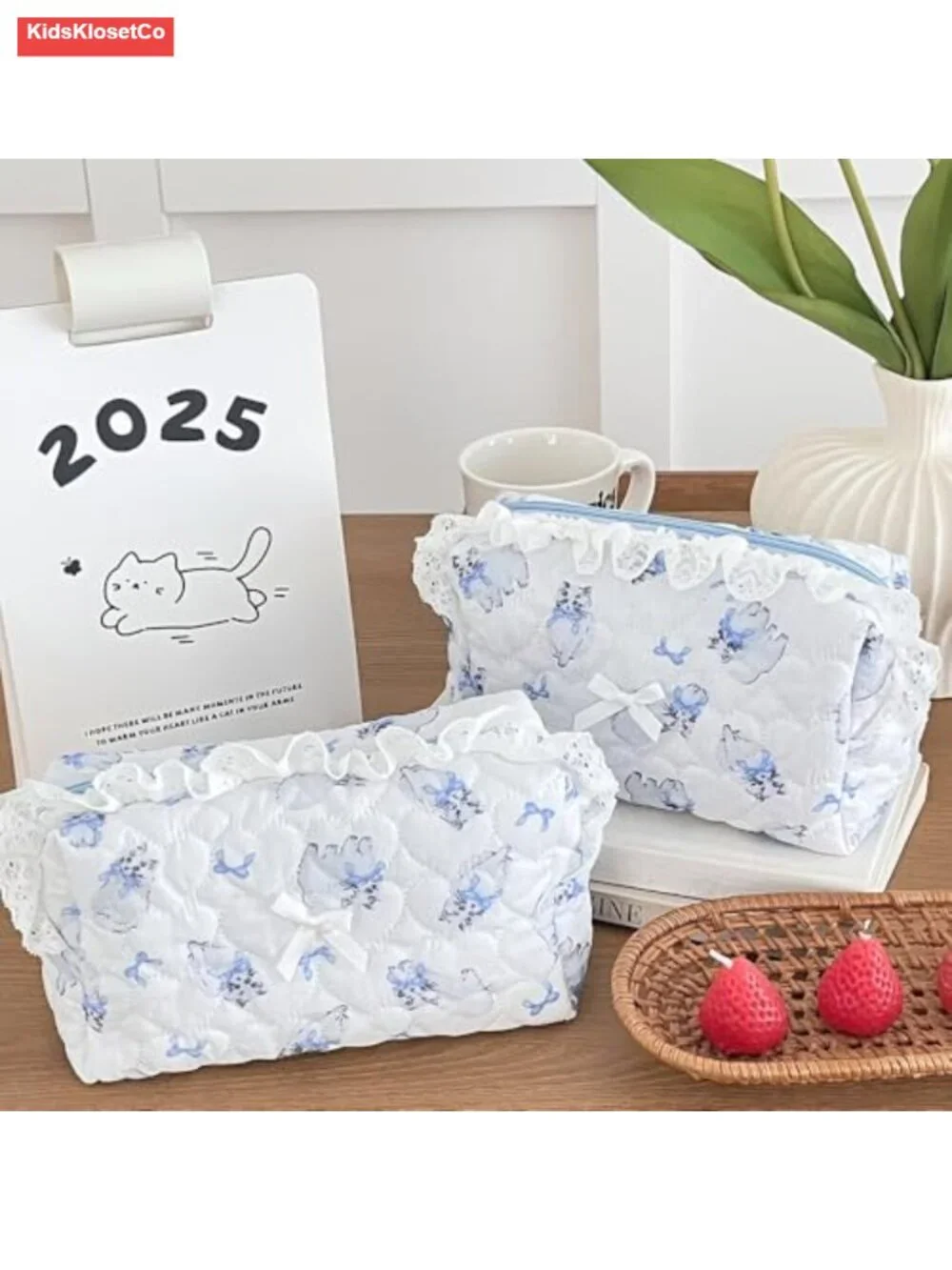 Quilted Makeup Bag Cosmetic Pouch Cute Bow Floral Travel Organizer Toiletry Bag